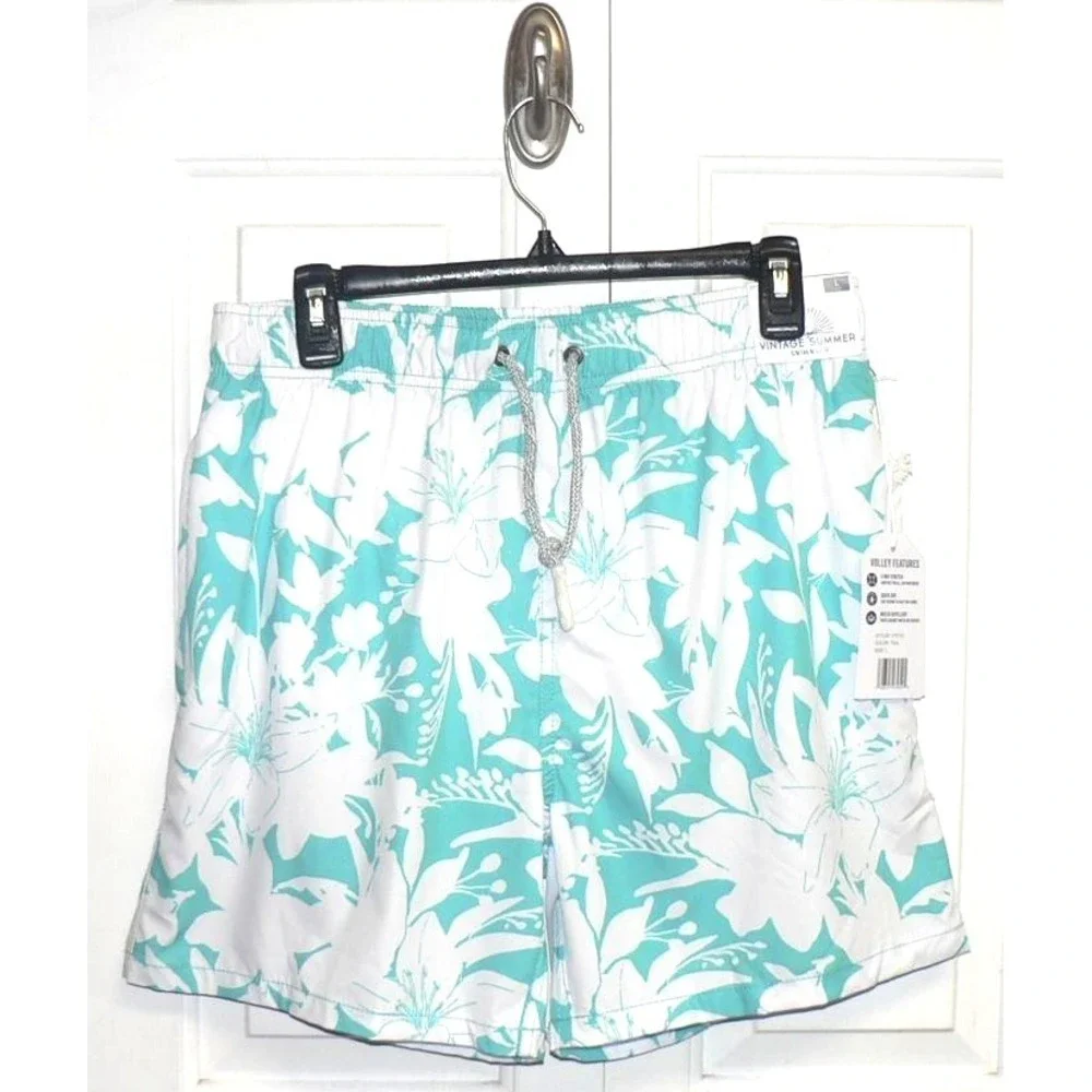 Vintage Summer Men's Tropical Print Drawstring Volley‎ Swim Trunks in Teal Large